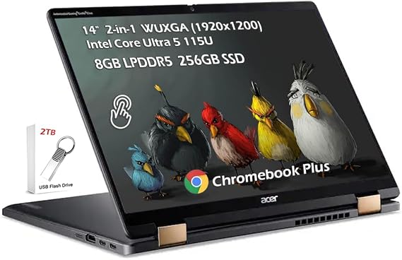Acer Chromebook 2-in-1 Plus Spin 714 with Google AI 14" WUXGA (1920 x 1200) Touch | Intel Core Ultra 5 115U | 8GB LPDDR5 256GB SSD | Wi-Fi6E | Chrome OS | Steel Gray | w/2TB USB Drive, W/GaLiMu