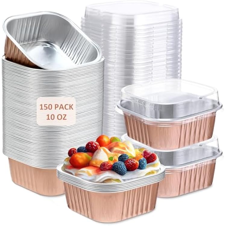 Aoriher 150 Pcs 10 oz Mini Cake Pans with Lids Aluminum Foil Baking Cup Square Disposable 4 x 4 Large Cupcake Cups Baking Tins, Gift for a Mom Who Loves CookingChampagne