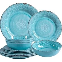 12-Piece Farmhouse Dinnerware Set, set of 4, 100% Melamine Dishes Serving Set with Plates and Bowls, Non-breakable and Lightweight Dinner Set for indoor and outdoor entertaining, Light Teal