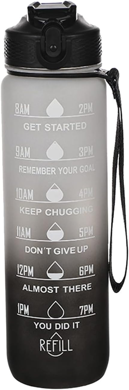 32 Oz Motivational Sports Water Bottle with Time Marker, BPA Free, Leakproof, Wide Mouth & Fast Flow for Sports & Outdoors