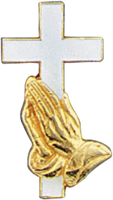 Autom Cross & Praying Hands Gold Plated Lapel Pin | Christian lapel pin combining a cross and praying hands in a gold-plated enamel design with secure butterfly backing.