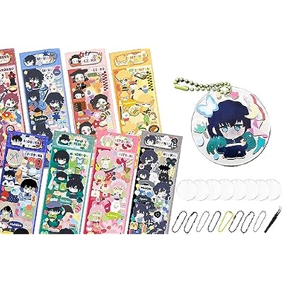 Anime Kimetsu No Yaiba Cute Chibi Stickers with 8 Clear Acrylic Blanks, 8 Ball Chains, 1 Tweezer for DIY Keychains and Crafts 8-Sheet Kit
