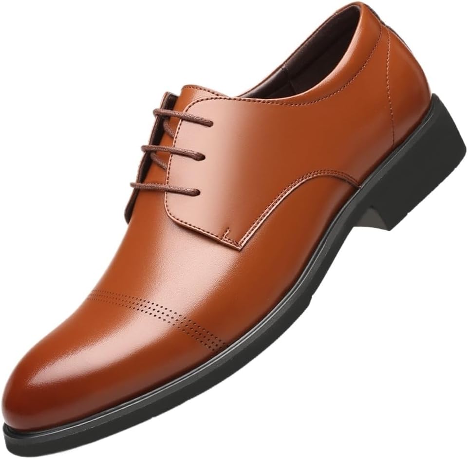 Mens Retro Casual Oxford Dress Shoes, Black Leather Lace-Up, Cap Toe, Non-Slip Rubber Sole, Low Top Block Heel, Stylish Business & Formal Work Shoes, Ideal Gift for Men