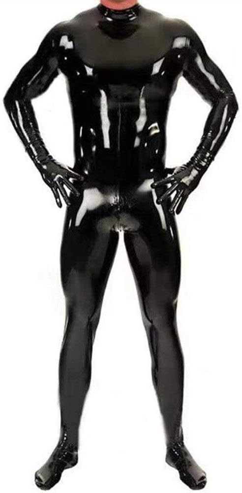 Full Latex Zentai Wet Look Prisoner Bodysuit Gloves Mask Open Eyes & Crotch Zip Cosplay Catsuit Costume For Men,Black, Size XL