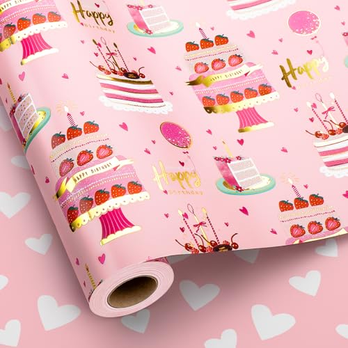 Yarcony Girls Birthday Wrapping Paper Roll, Pink Gift Wrapping Paper,Metallic Foil Pink Cartoon-Style Birthday Cakes Gift Wrap for Kid Party,Baby Shower,Wedding, Holiday,Christmas17 Inch X 33 Feet
