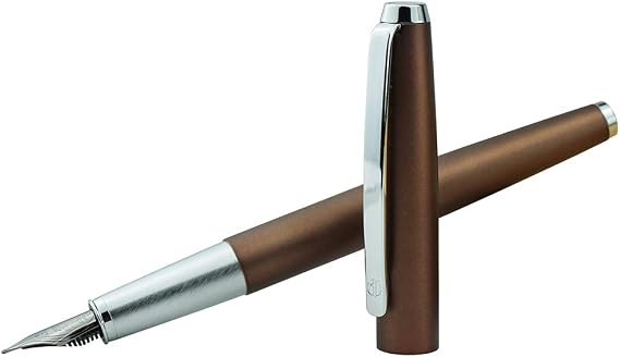 HongDian 525 Brown Metal Fountain Pen Bent Nib, Calligraphy Fude Pen 0.6mm with Converter and Metal Box Set