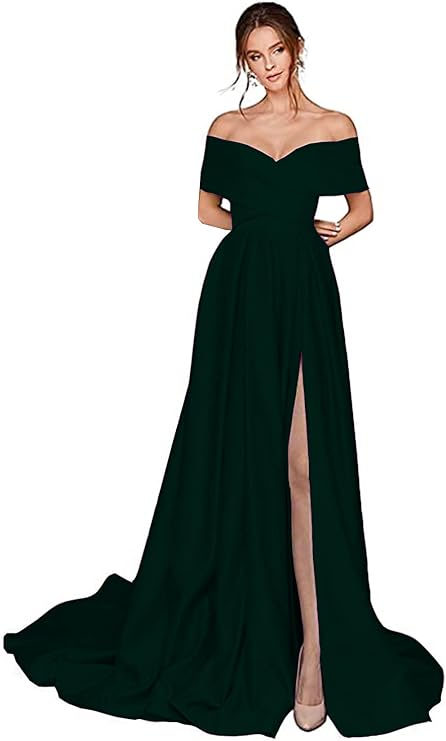 Women's Off The Shoulder Prom Dresses Satin A Line Formal Evening Ball Gowns with Pockets