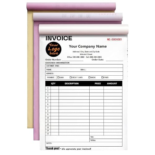 Custom Carbonless Sales Invoice Form Books for Small Business, Personalized NCR 3-Part Receipt Book with Carbon Copies, Cover Add Company Name, Address and Number Printed
