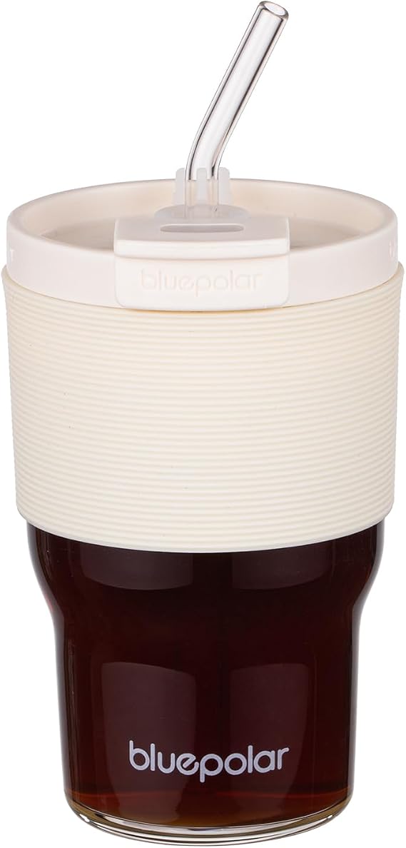 BLUEPOLAR Glass Tumbler Set with Lids and Straws, 17 oz Reusable Cups for Iced Coffee, Cold Brew, Tea, Smoothie (White with Sleeve)