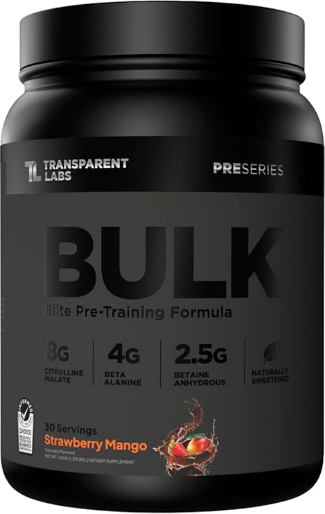 Transparent Labs Bulk Black Pre Workout - Clinically Dosed, Sugar Free Preworkout for Men and Women with Beta Alanine Powder, Citrulline Malate, Caffeine Powder- 30 Servings, Strawberry Mango