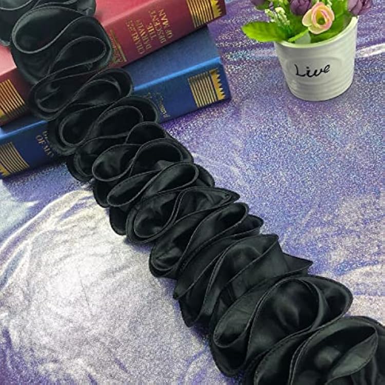 Yalulu 5 Yards 3D Pleated Chiffon Lace Trim Ribbon Fabric Applique Trimming Lace Ruffle Trim Craft Sewing Wedding Dress Decoration Accessories Black
