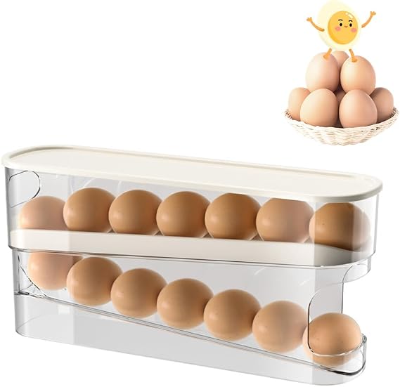 Egg Holder Refrigerator 2 Layers Automatic Rolling Egg Container Egg Storage Kitchen Organizer for Eggs Egg Storage Container Stackable Transparent