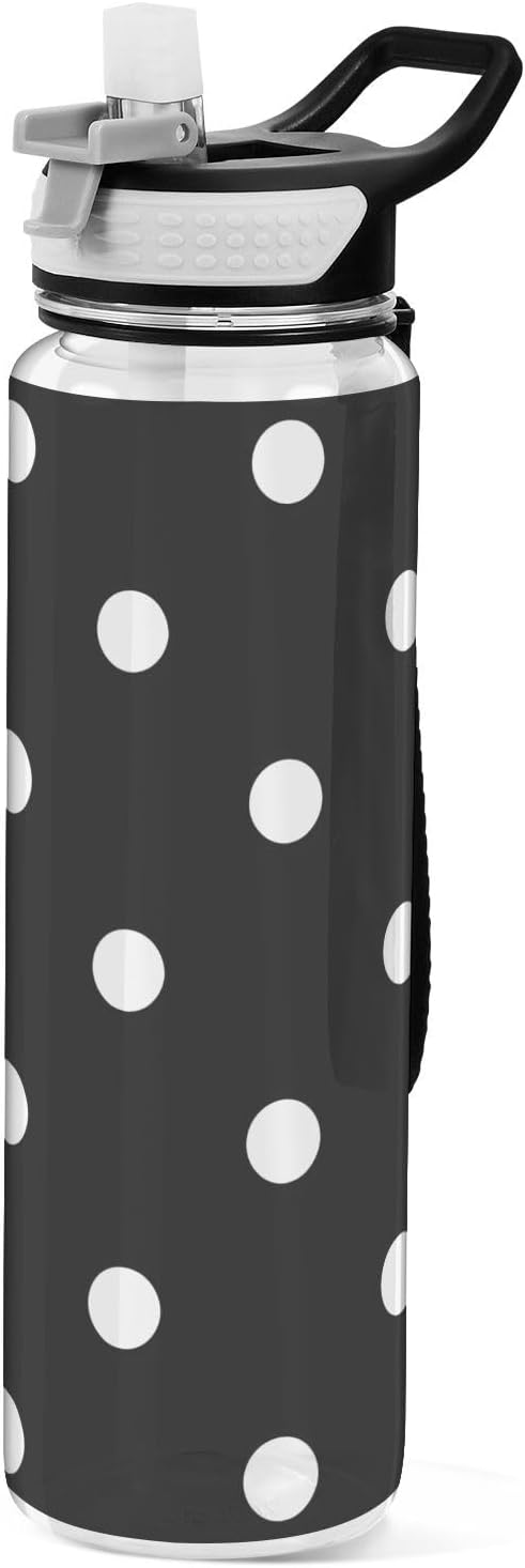 ALAZA Black White Polka Dots Pattern Sport Water Bottle with Straw Lid 32 oz Clear Bottle BPA Free Tritan Plastic Leakproof Jugs Large Flip Top for Kids Boys Girls