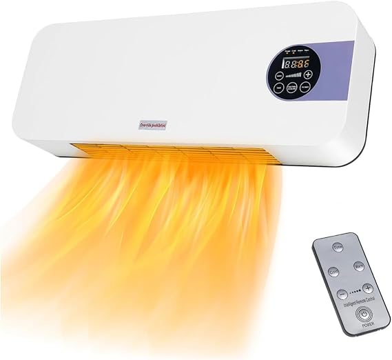 Wall Mounted Heater 1500W PTC Ceramic Electric Space Heater with Remote, LED Display, Adjustable Thermostat, Overheat Protection, Timer, Low Noise Heater for Bedroom, Office, Large Room Indoor Use