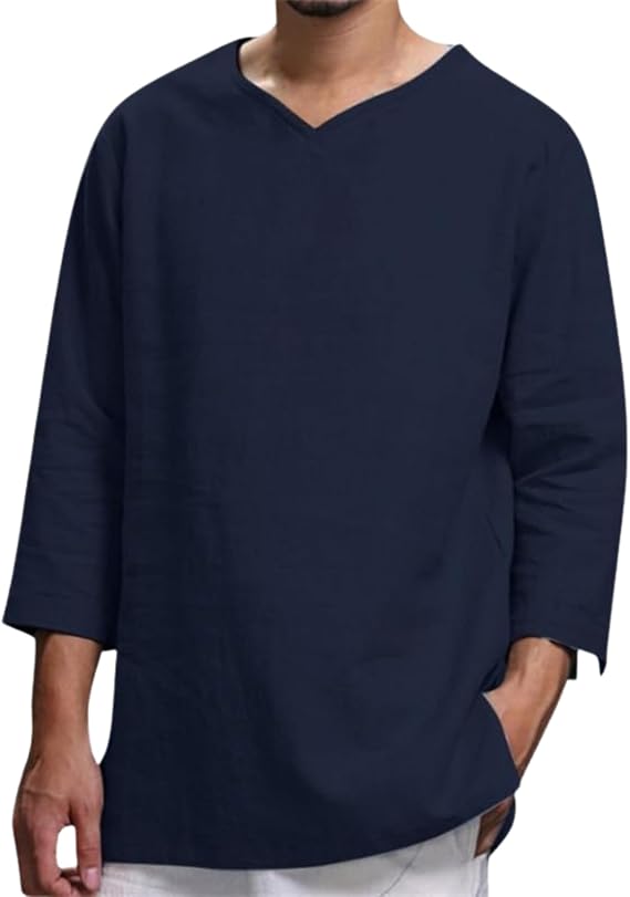 Mens Cotton Linen Shirt 3/4 Sleeve V Neck Solid Lightweight Baggy Spring Summer Hippie Casual Beach Cool T Shirts