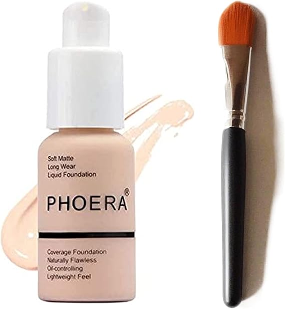 Glamza PHOERA Foundation Concealer Makeup Full Coverage Matte Brighten Long Lasting + Professional Flat Face Foundation Brush (101 PORCELAIN