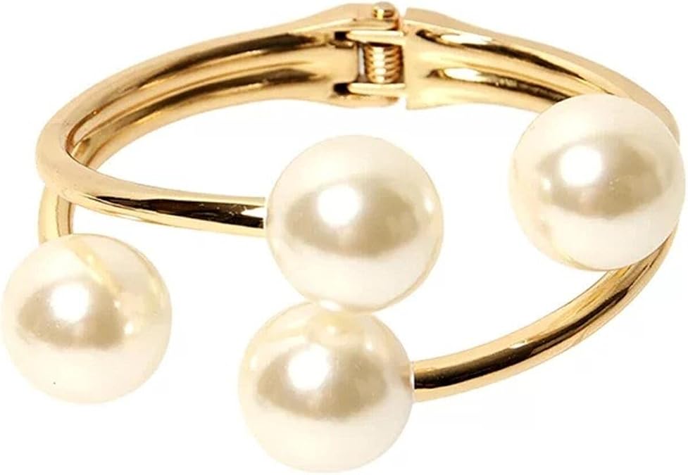 Gold Pearl Bracelets for Women Wrist Cuffs Womens Bracelet Metal Hinged Cuff Bangle Screw Bracelet, Shiny Gold