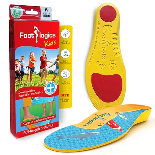 Footlogics Fun Kids Orthotic Shoe Insoles with Arch Support for Childrens Heel Pain Severs Disease, Growing Pains, Flat Feet - Childrens, Pair Kids 1-3, Yellow