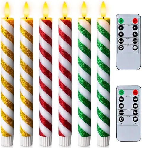 Homemory Waxy Spiral Glitter Flameless Taper Candles with Remote, Timer, Dimmer, Battery Operated CandleSticks with Flickering Light, Led Window Candles for Christmas Decoration 6 Pcs, 9.6 Inches