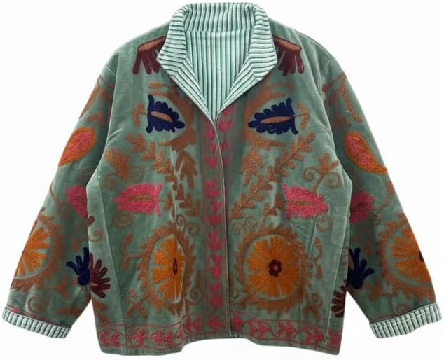 Embroidered Floral Jacket, Green, Reversible Striped Lining, Boho Style, Colorful Suzani Pattern