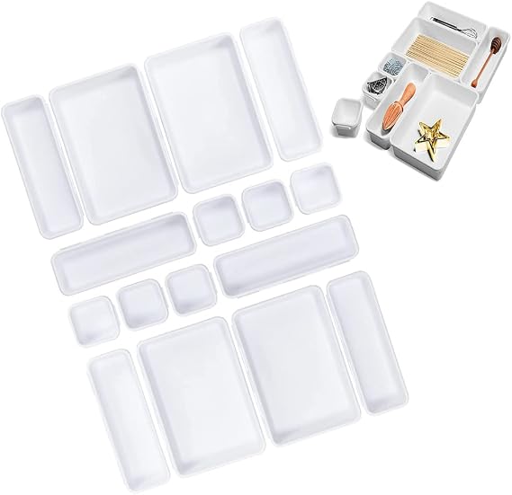 16 PCS Desk Drawer Organiser Tidy Dividers, 3-Size Plastic Tray (White)