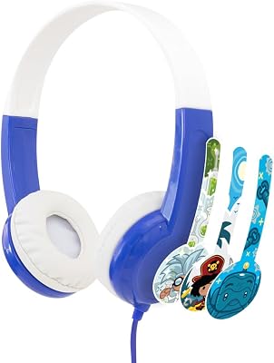 BuddyPhones Discover Fun | Durable Wired Kids Headphones - SafeAudio Volume-Limiting, DIY  Decorative Decals to Personalize Blue