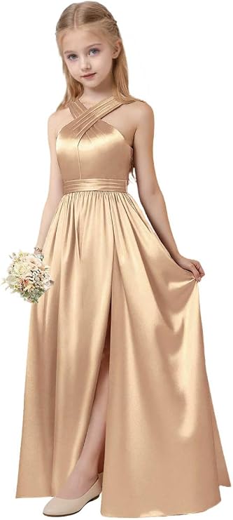 Junior Girls Bridesmaid Halter jr Bridesmaid Dresses for Teens Split Satin Flower Girl Formal Gown for Wedding