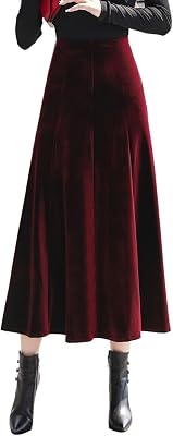 Womens Vintage Velvet High Waist Winter Thicken Pleated A-Line Swing Maxi Skirts