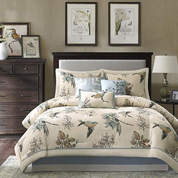 Madison Park Quincy Cozy Comforter Nature Scenery Design - All Season Bedding, Matching Bed Skirt, Decorative Pillows, Quincy, Leaf & Bird Khaki Queen90x90 7 Piece