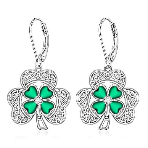 St Patricks Day Earrings Shamrock Earrings for Women Sterling Silver Good Lucky Celtic Green Four Leaf Clover Jewelry Gift