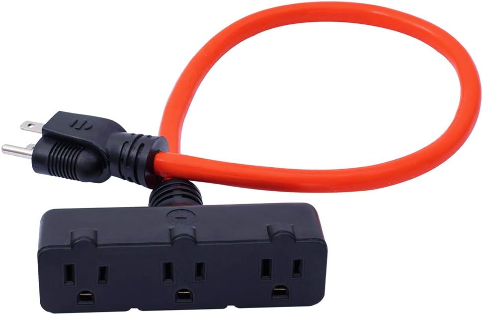KMC 3-Outlet Power Extension Cord, 12AWG 2-Feet Extension Cord, 125V15Amp 1875Watt, Orange