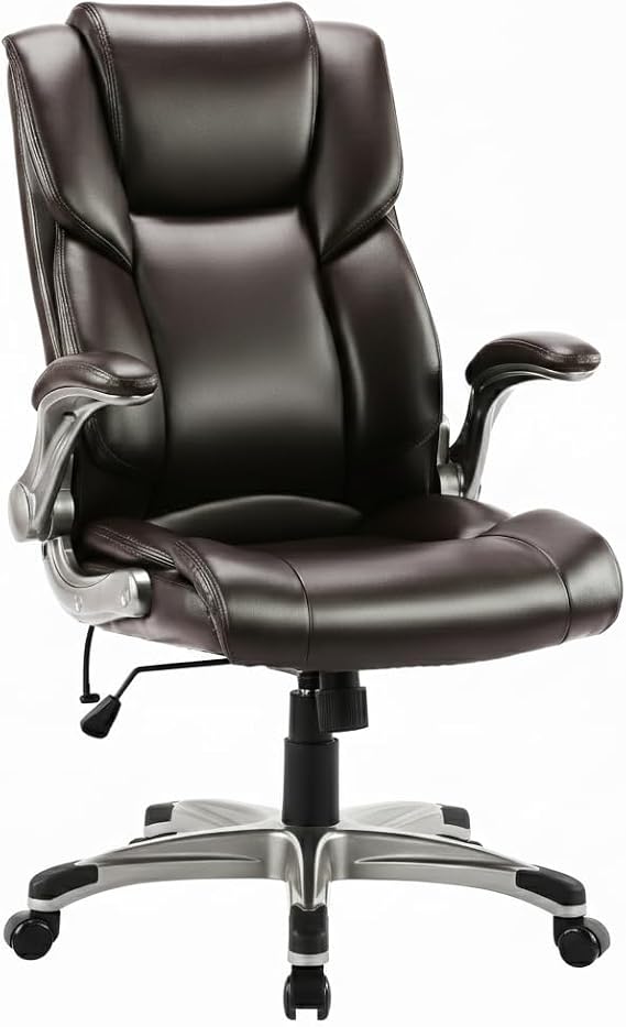 Ergonomic High Back Executive Office Chair with Adjustable Airbag Lumbar Support, Bonded Leather Desk Chair with Flip-up Armrests, Swivel Computer Task Chair for Home Office Workstation, Brown