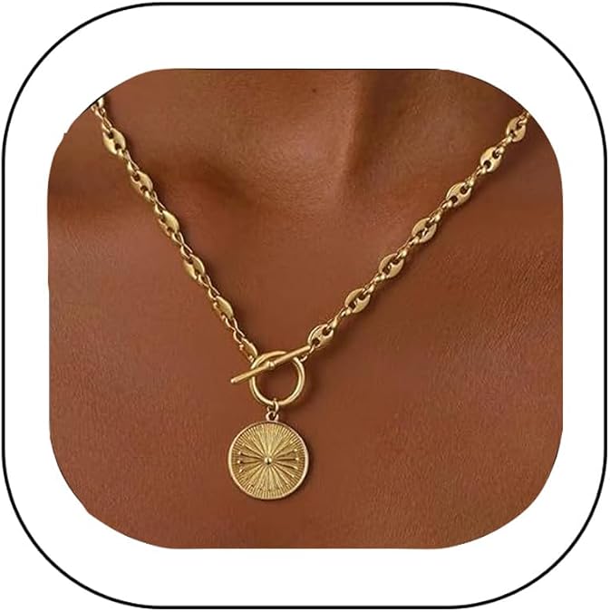 Chunky Gold Necklace for Women, Simple 14K Gold/Silver Plated Circle Pendant Choker Necklaces Trendy Dainty Heart Chain Toggle Clasp Necklace Jewelry Gift for Women