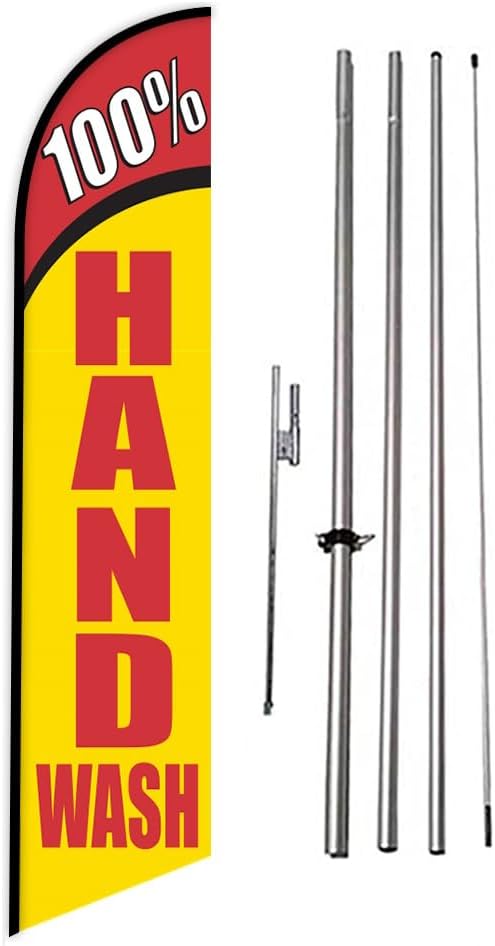 100% Hand Wash - Swooper Feather Flag Outdoor Advertising Sign for Car Wash Businesses With Complete Pole Kit and Ground Stake (yellow & Red)