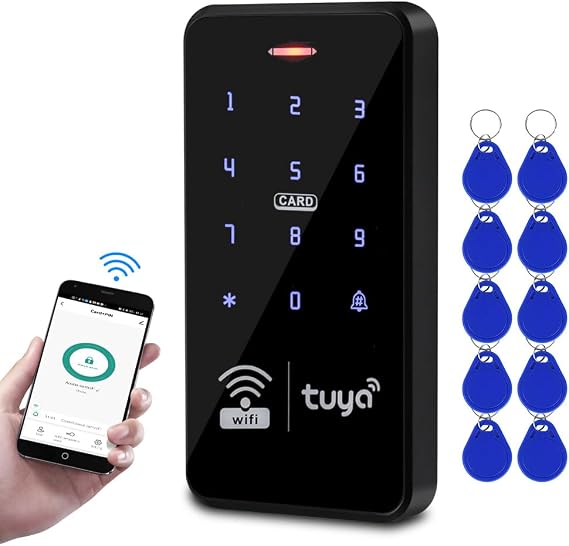 WiFi Tuya Access Control Keypad 125KHz 13.56MHz RFID Keyboard Waterproof Touch Password Access Controller Smart APP Remote Unlock System + 10pcs Keychains Tags