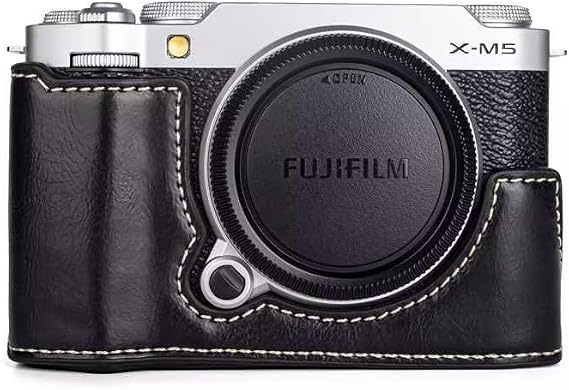MUZIRI KINOKOO Fuji X-M5 Case, PU Leather Half Case for Fuji X-M5 Camera, Protective Bottom Case for Fuji X-M5/Fuji XM5 Camera - with Opening Bottom and Hand Grip Design - Black