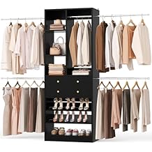 Besiost Closet System, 4.28.8 FT Closet Organizer with 2 Wooden Drawers and Shelves, Walk-in Closet System with 5 Hang Rods, Built-in Reach in Closet Tower, Can Fit 60 to 96 inch, Black