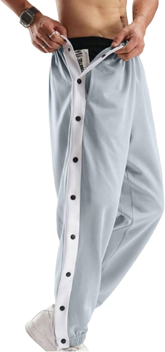 Mens Tear Away Basketball Pants High Split Snap Button Athletic Sweatpants Jogger Casual Active Workout Trousers