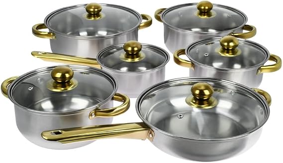 Kitchware Pots Set 12 piece colorful non-stick gold plated handle cookware set pots Stainless Steel Soup Pot,Natural quality,12 pc