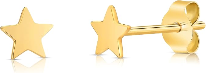 14K Solid Gold Celestial Star Shaped Stud Earrings Polished Shiny
