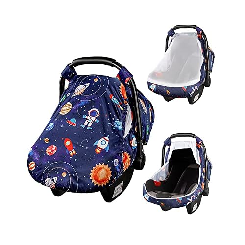 SWESEN Car Seat Covers for Babies, Carseat Cover Boy with Zipper, Cozy Sun & Summer Cover, Infant Car Seat Canopy, Carseat Privacy Cover with 2 Layers, Space Planet