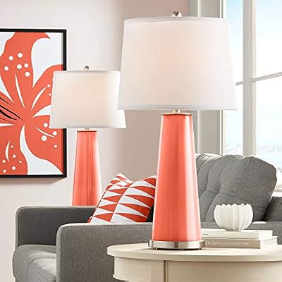 Color  Plus Leo Modern Table Lamps 29 12 Tall Set of 2 Daring Orange Glass Tapered Column Plain White Drum Shade Decor for Bedroom Living Room House Home Bedside Nightstand Office Family