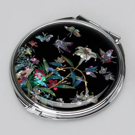 Antique Alive Mother of Pearl Lily Flower Design Black Compact Cosmetic Double Makeup Pocket Round Mirror