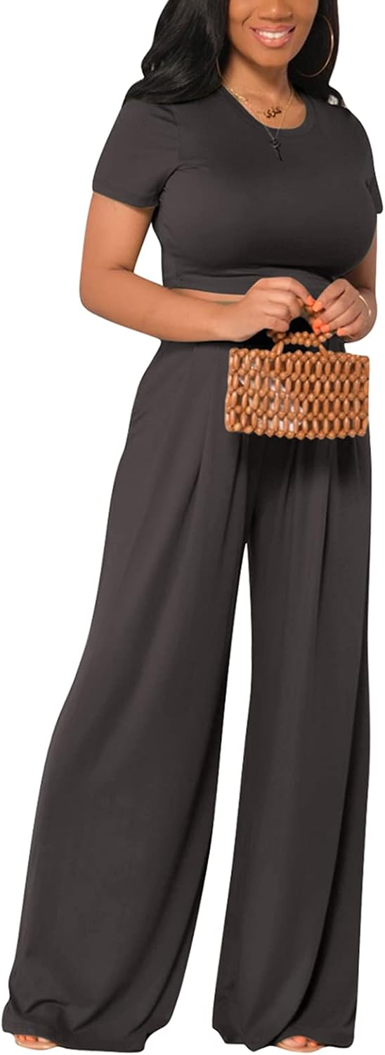 IyMoo Casual 2 Piece Outfit for Women - Short Sleeve Crop Top  Wide Leg Long Pants Set Jumpsuits Rompers
