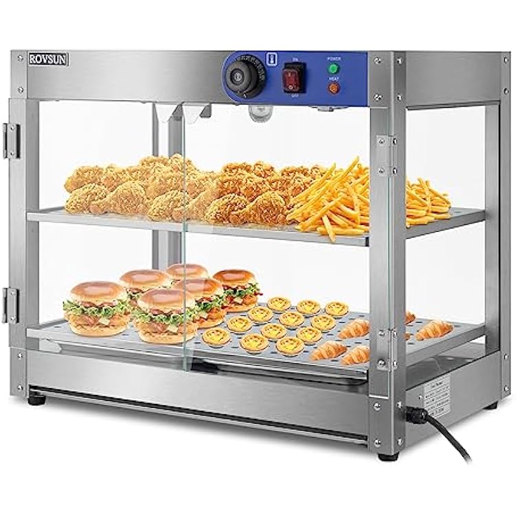 ROVSUN 2-Tier Food Warmer Pizza Warmer, Commercial Food Warmer Display with LED Lighting Removable Shelves Glass Door, Electric Countertop Food Warmer for Buffet Restaurant 110V 800W