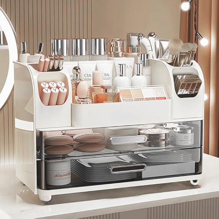 Makeup Organizer with Drawers for Vanity,Bathroom Countertop Organizer with Brushes Holder,Skincare Storage Organizer,Perfect Cosmetic Display Case for Skincare,Lipstick and Beauty Essential White