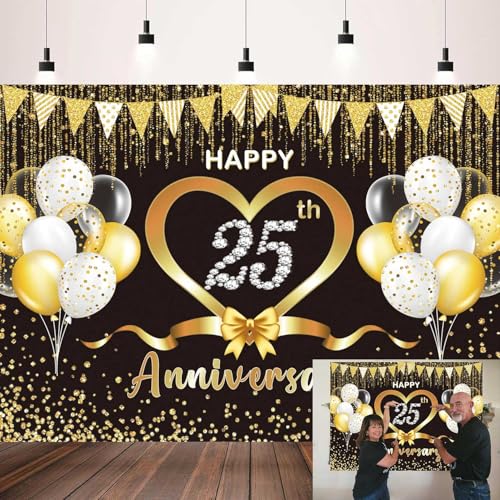 XCKALI Happy 25th Anniversary Backdrop Black and Gold Balloons Wedding Anniversary Bridal Shower Photography Background Happy 25th Party Decorations 7x5FT