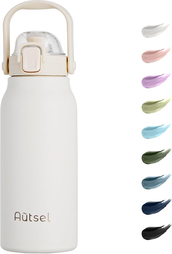 1.7L Stainless Steel Water Bottle with Straw - Large Metal Flask with Handle - Double Walled Insulated Sports Bottle - Leakproof for Gym Sports, White