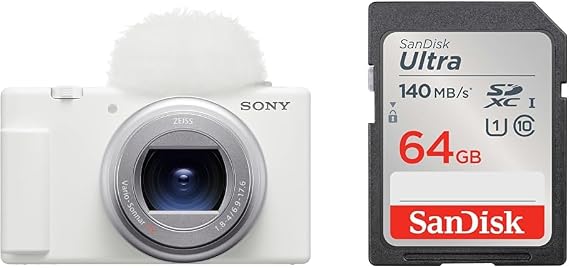 Sony ZV-1II Compact Digital Camera VLOGCAM Vlog Camera with Windscreen 18-50mm F1.8-4.0 Zoom Lens, White ZV-1M2 W + SanDisk SD Card, 64GB SDXC Class 10, UHS-I Read Up to 140MB/sUltra SDSDB-UN064G-1