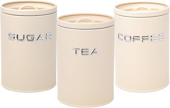 Tea Coffee Sugar Canister Set, 3-Piece Labelled Storage Tins, Metal Containers with Airtight Lids, Food Storage Jar Canisters for Kitchen Accessories and Essentials, Cream